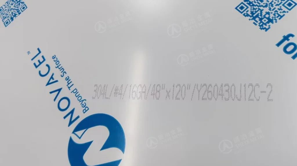 304L #4 stainless steel sheet marked 16GA and 48 × 120 inches under Novacel protective film.